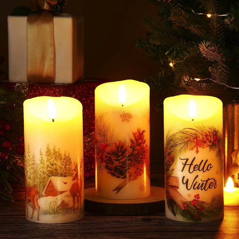 ROCEEI Store 3 Pcs Winter Forest Candles Battery Operated LED Candles Winter Forest Style Pillar Flickering Real Wax Decorations for Indoor Holiday Party Table Decor - Image 3